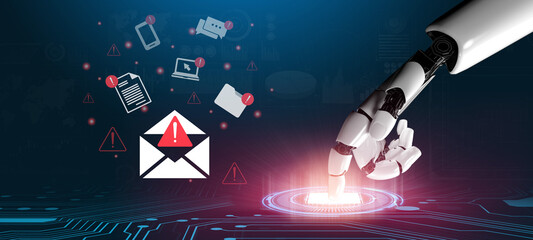 A robotic hand engaged with a digital mail interface, featuring alerts, symbolizing modern communication and the intersection of technology and security. Gantry