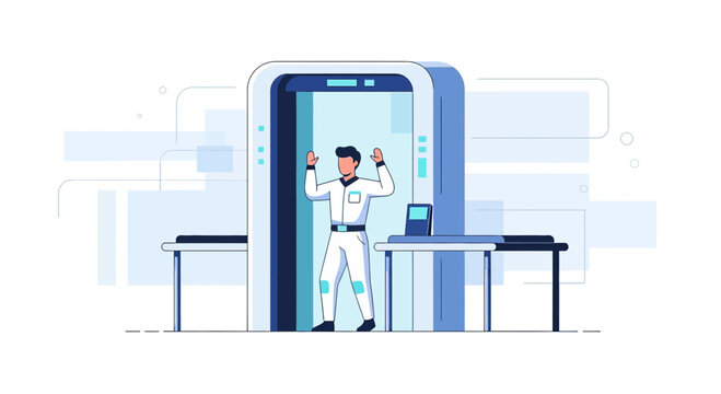 Simplified vector illustration of a man undergoing security screening using a full body scanner at