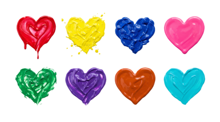 Heart paint stroke set including red, yellow, blue, pink, green, purple, orange, and turquoise colors isolated. Artistic valentine and wedding collection.