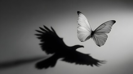 Obraz premium A butterfly flies freely in the air with a shadow of a bird in flight