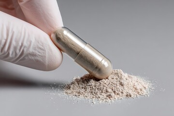 Gloved hand holding a transparent capsule filled with powder over a pile of powder