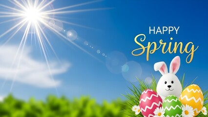 Happy spring easter bunny with eggs in sunny green field