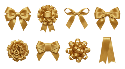 Golden satin ribbon bow set including classic, rosette, flower, pom-pom, and knot styles isolated. Decoration for gifts, awards, and holiday presents.