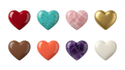 Obraz premium Polished heart set including gold, amethyst, turquoise, rose quartz, chocolate, and red glossy surfaces isolated. Valentine's Day decoration and romantic design elements.