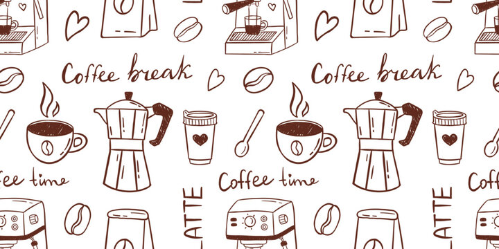 Vector seamless coffee break pattern with moka pot, espresso cup, coffee bean, takeaway cup, lettering on white background. Cozy cafe doodle texture for packaging, wallpaper, and kitchen decor design.