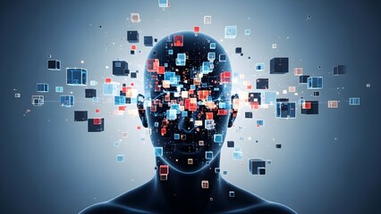 Abstract digital human head silhouette filled with glowing cubes and data streams against a gradient background, representing artificial intelligence and technology concepts