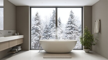 Fototapeta premium Modern light-filled bathroom with bathtub and winter forest view. Clean interior design, neutral tones, wellness and relaxation concept. New Year reset, mindful lifestyle and fresh start
