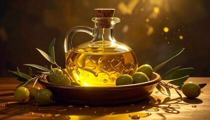 Still life of a glass bottle of liquid golden oil with olives and branches on a wood base