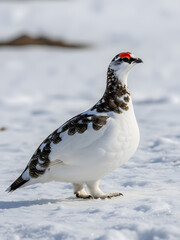 Male Rock Ptarmigan in White Winter Plumage Standing on Snow Awebo Bird , Bird Ptarmigan White Feathers Arctic Chicken
