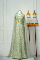 Full Length Sage Green Modern Kebaya or Wedding Gown with Veil and Crystal Fringe