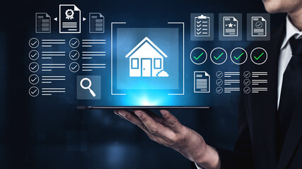 A futuristic depiction of digital real estate management featuring a user interface, data tools, and visualization elements for property transactions and evaluations. Gantry