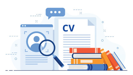 CV And Resume Research Scene With Magnifying Glass, Profile Icon And Stack Of Books Illustration