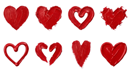 Red heart paint stroke set including textured, outlined, and solid brush mark variants isolated. Romantic art and valentine decoration collection.