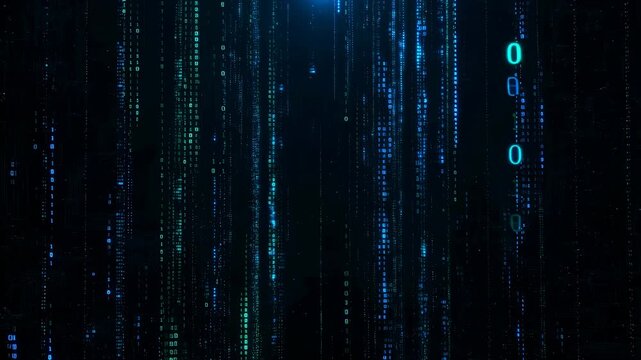 Abstract digital data stream with glowing binary code. Represents technology, data processing, and the digital age