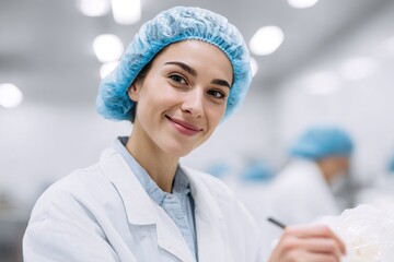 A smiling woman in a blue hairnet and lab coat works in a clean industrial setting