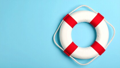 White lifebuoy with red bands encircled by rope on blue background