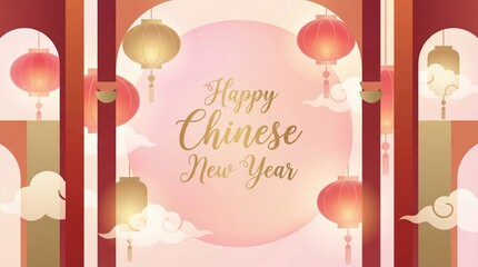 Happy chinese new year festive background with red lanterns and gold clouds, traditional lunar holiday greeting card illustration, asian spring festival vector banner, celebration wallpaper for web.