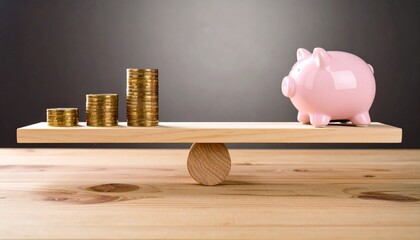 Wooden balance scale with coins and piggy bank in equilibrium