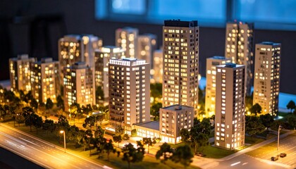 Obraz premium Architectural scale model of modern residential complex with illuminated high-rise buildings and green spaces