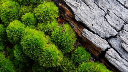 A mossy log with green moss growing on it. The moss is covering the log in a thick layer
