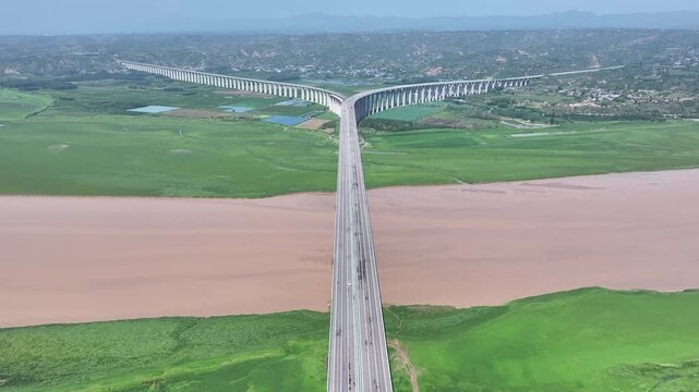 Sanmenxia Railway Bridge Aerial View Over Farmland, Henan China