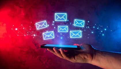 Hand holding smartphone with glowing email icons on red-blue gradient background