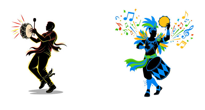 Carnival masculine  samba music drum player silhouette illustration style, Isolated on transparent/colorful background
