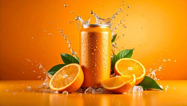 Orange beverage can with splashes, oranges, and leaves on vibrant orange background