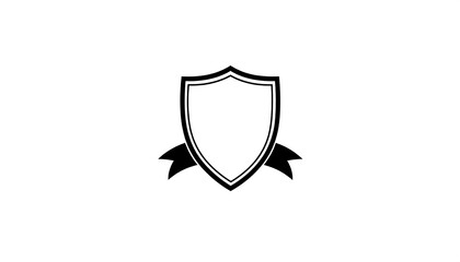 A monochrome illustration presents an emblem shield, edged in black, with banner below, set on white