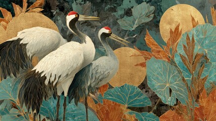 Fototapeta premium Elegant cranes and gold leaves stylized artwork