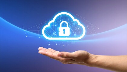 Hand holding glowing cloud with padlock over blue purple gradient
