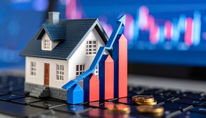 House model, coins, and growth chart on keyboard