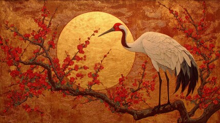 Fototapeta premium Elegant crane with red blossoms and golden moon
