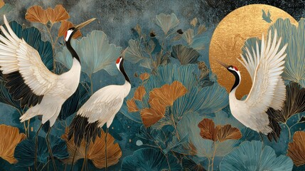 Fototapeta premium Elegant cranes in stylized botanical garden