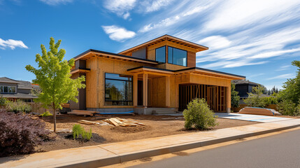 Fototapeta premium Contemporary residential structure mid-construction featuring exposed wooden skeleton and unfinished garage bay, sunny day construction, building materials visible, with copy space