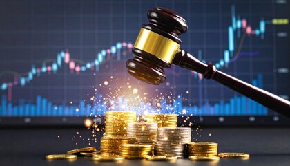 Judge gavel hitting coin stack with financial chart sparks flying
