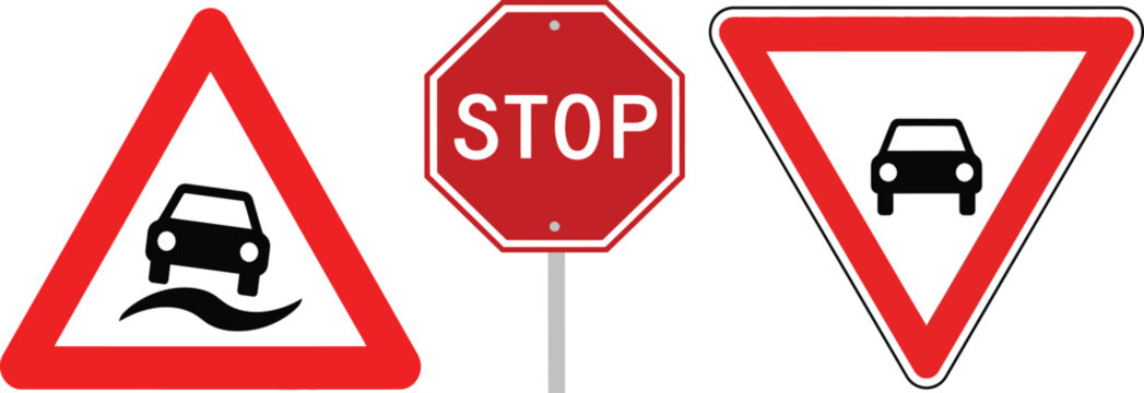 Collection of three European road signs including slippery road car, stop sign, and give way triangle