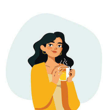 Woman holding a tea cup. Flat design modern vector illustration. Wellness, relaxation, healthy lifestyle concept.