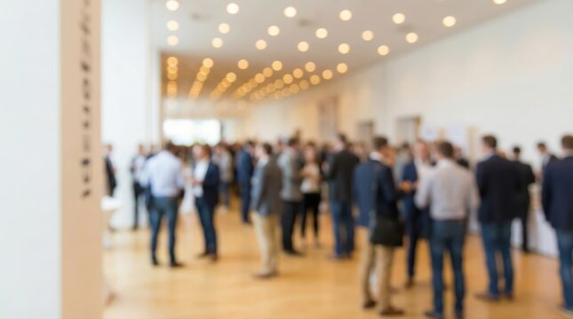 Blurred image of a large group of business people networking and socializing at a corporate conference or event in a modern hall with warm lighting