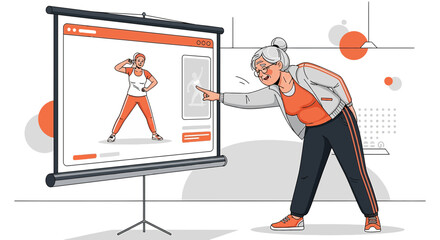 Elderly woman participating in an online fitness class with virtual instructor on screen