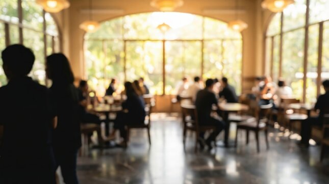 Abstract blur background of restaurant or cafe with people, warm lighting, social event, dining atmosphere