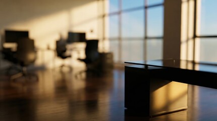 Fototapeta premium Modern office interior with warm sunlight streaming through large windows, creating a bright and inviting workspace