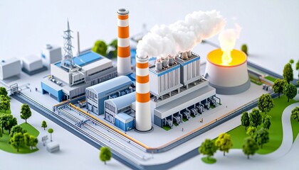 Miniature power plant model with striped chimneys emitting smoke and glowing reactor in industrial zone
