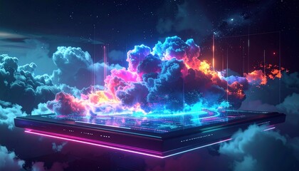 Neon Platform in the Clouds - A Vibrant Digital Landscape.