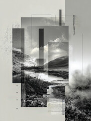 Contemporary digital art composition featuring monochrome landscape imagery layered with geometric shapes, painterly textures, restrained color splashes, and minimalist typography .