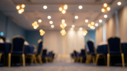 Blurred background of a modern conference hall or banquet room with elegant ceiling lights, ready for an event or meeting abstract bokeh effect