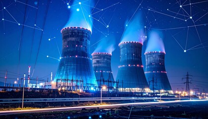 Futuristic nuclear power plant glowing under starry sky digital grid overlay blue lit steam towers
