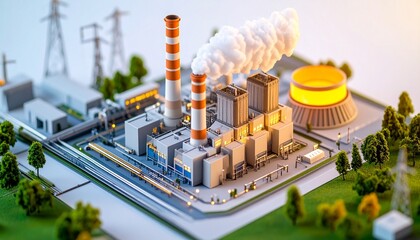 Miniature power plant model with striped chimneys emitting smoke and glowing reactor in industrial zone