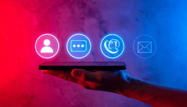 Hand holding smartphone with glowing communication icons over red and blue background representing digital contact methods - Powered by Adobe