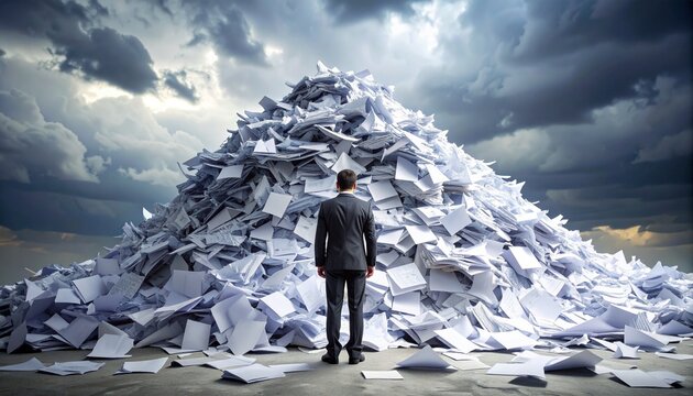 Person facing mountain of scattered papers outdoors under cloudy sky symbolizing overload and stress